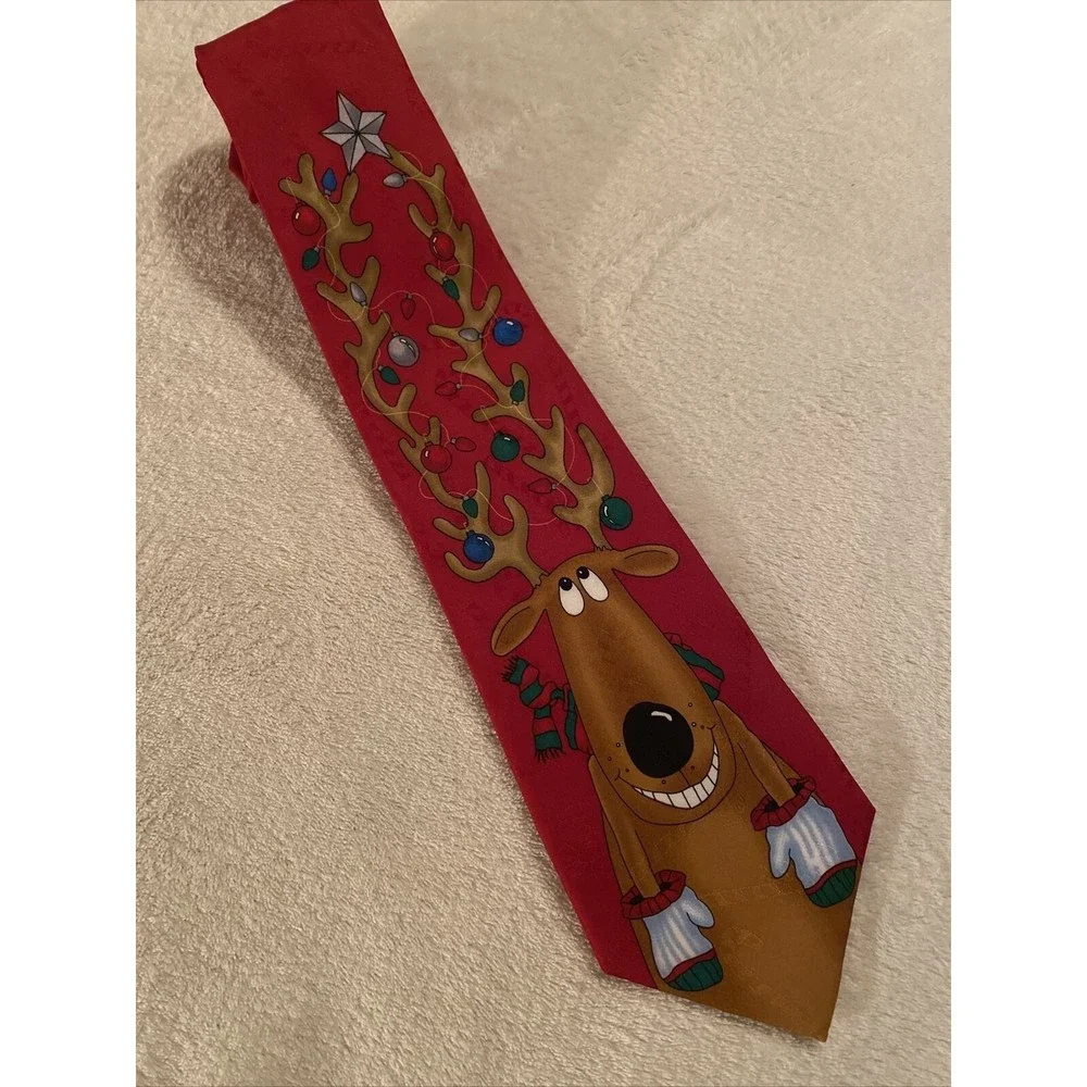 Hallmark Yule Tie Greetings Mens Neck Tie Reindeer Christmas Red classic